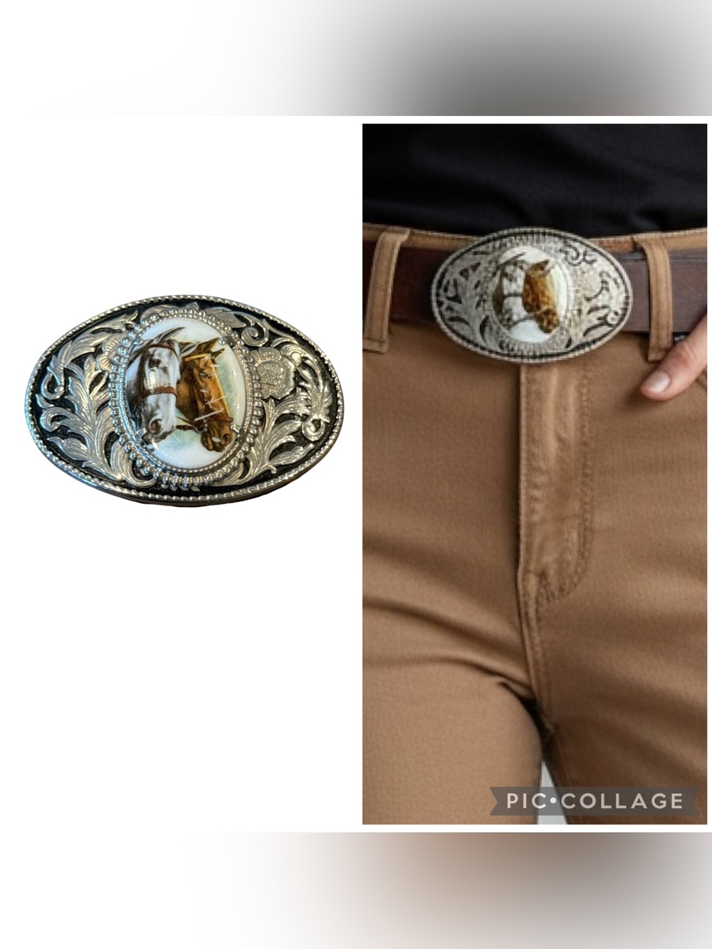 Western Double Horse Filigree Oval Silver Tone Belt Buckle